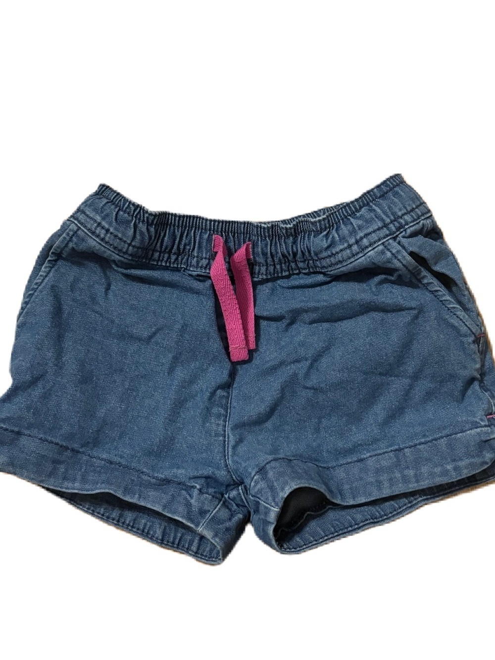 Boden Blue Denim-Look Shorts with Pink Drawstring Sz 4 Kids Girls Jean